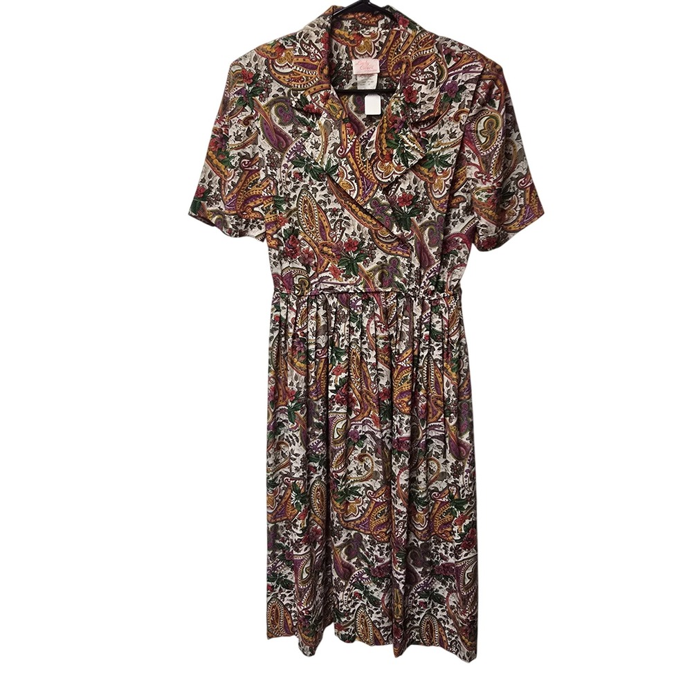 Vintage Lady Carol of New York Paisley Midi Dress Size 12 Short Sleeve 80s USA‎